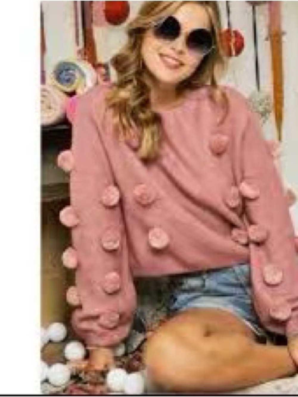 Pom Pom, Bobble Knit Nancy Yang Women's Crew Neck Sweater in Dusty Rose L